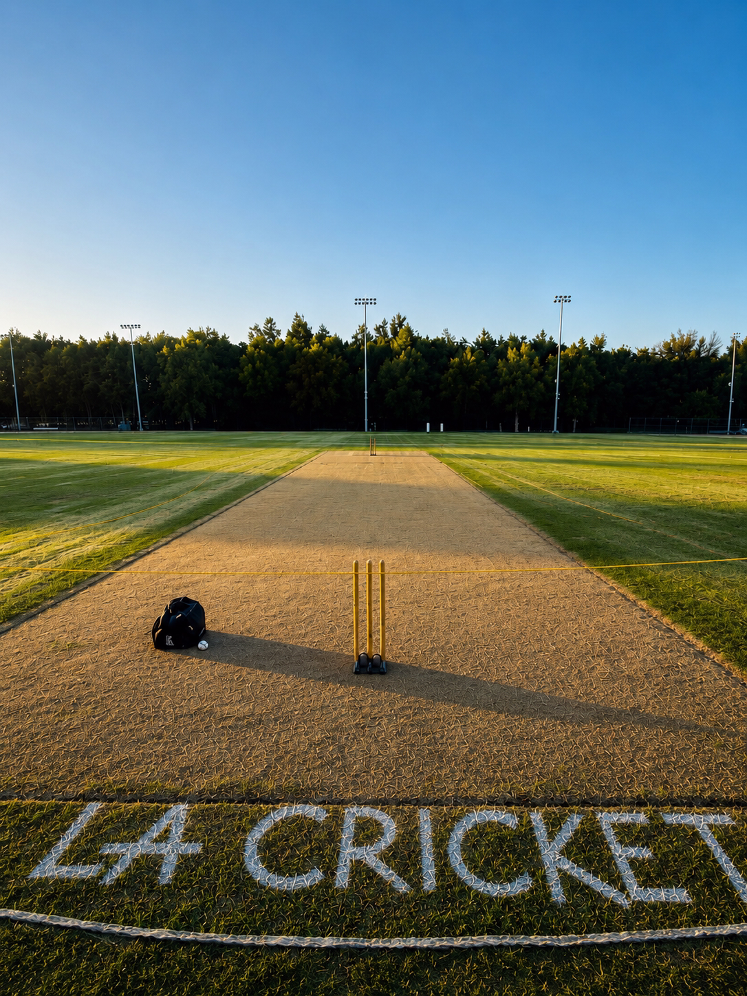 View along the natural-turf cricket pitch at Los Angeles Cricket Ground, Hjelte Sports Center, with stumps in the foreground.
