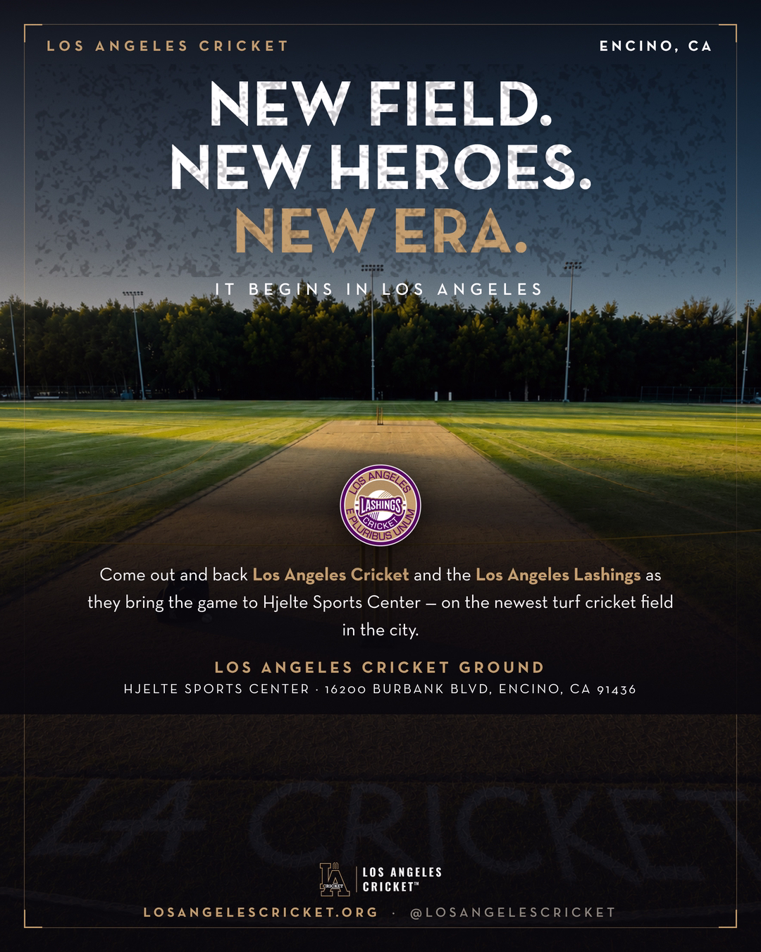 The Los Angeles Cricket Ground at Hjelte Sports Center in Encino at golden hour, stumps standing on a fresh turf pitch.