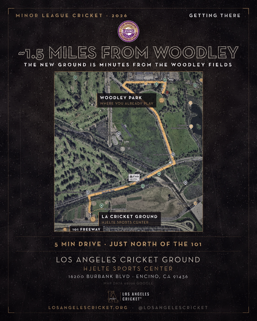 Aerial map of the Sepulveda Basin showing the short route from Woodley Park to the Los Angeles Cricket Ground, with the 101 freeway along the bottom.