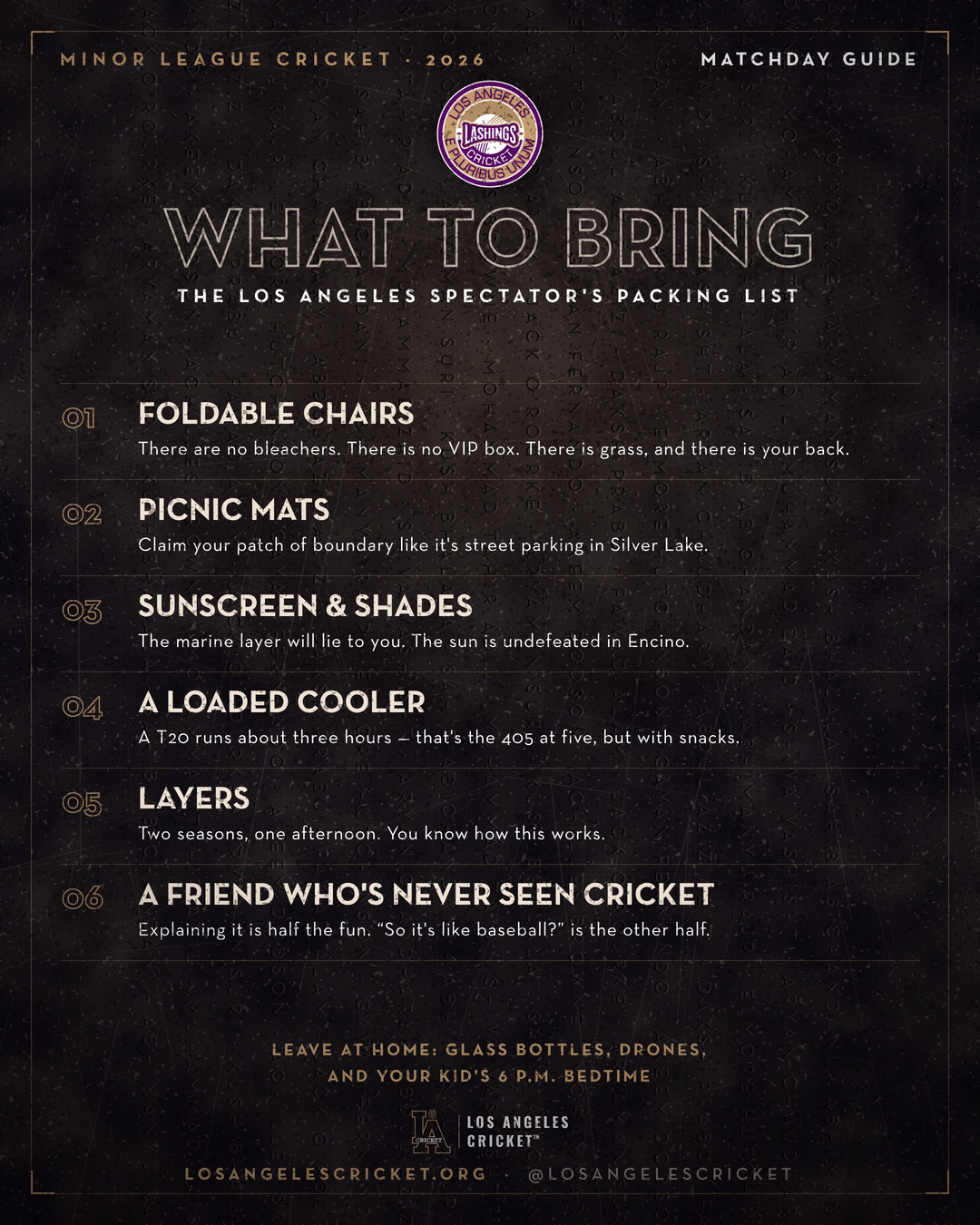 Spectator packing list: foldable chairs, picnic mats, sunscreen and shades, a cooler, layers, and a friend who has never seen cricket.
