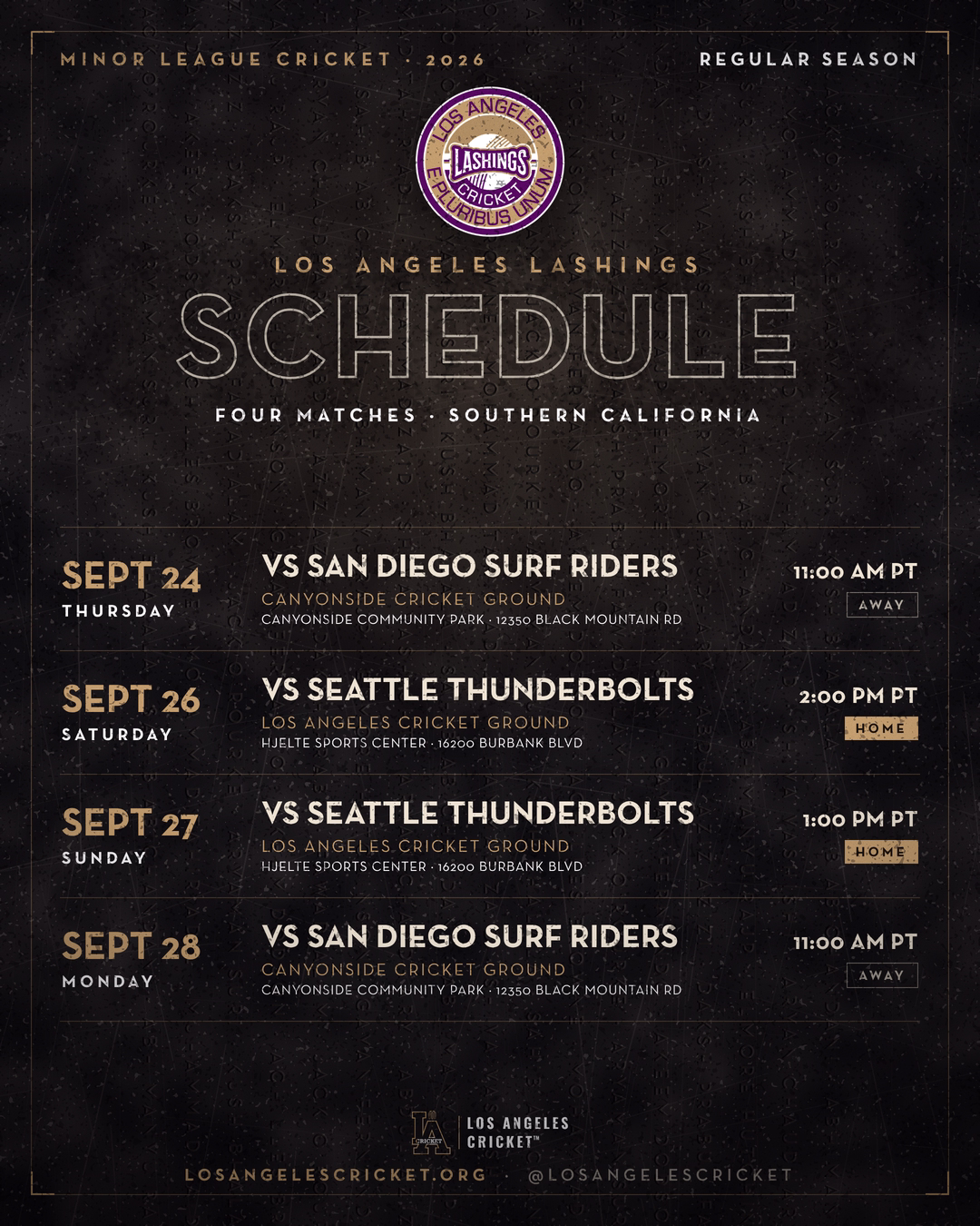 Full Los Angeles Lashings 2026 Minor League Cricket schedule: four fixtures with dates, times, grounds and home or away tags.