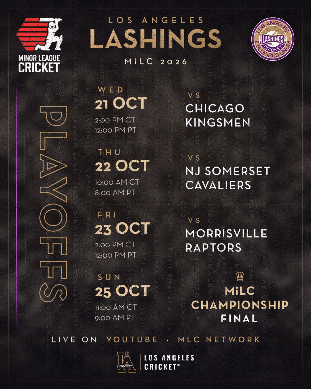 Los Angeles Lashings Schedule MILC 2026 Playoffs